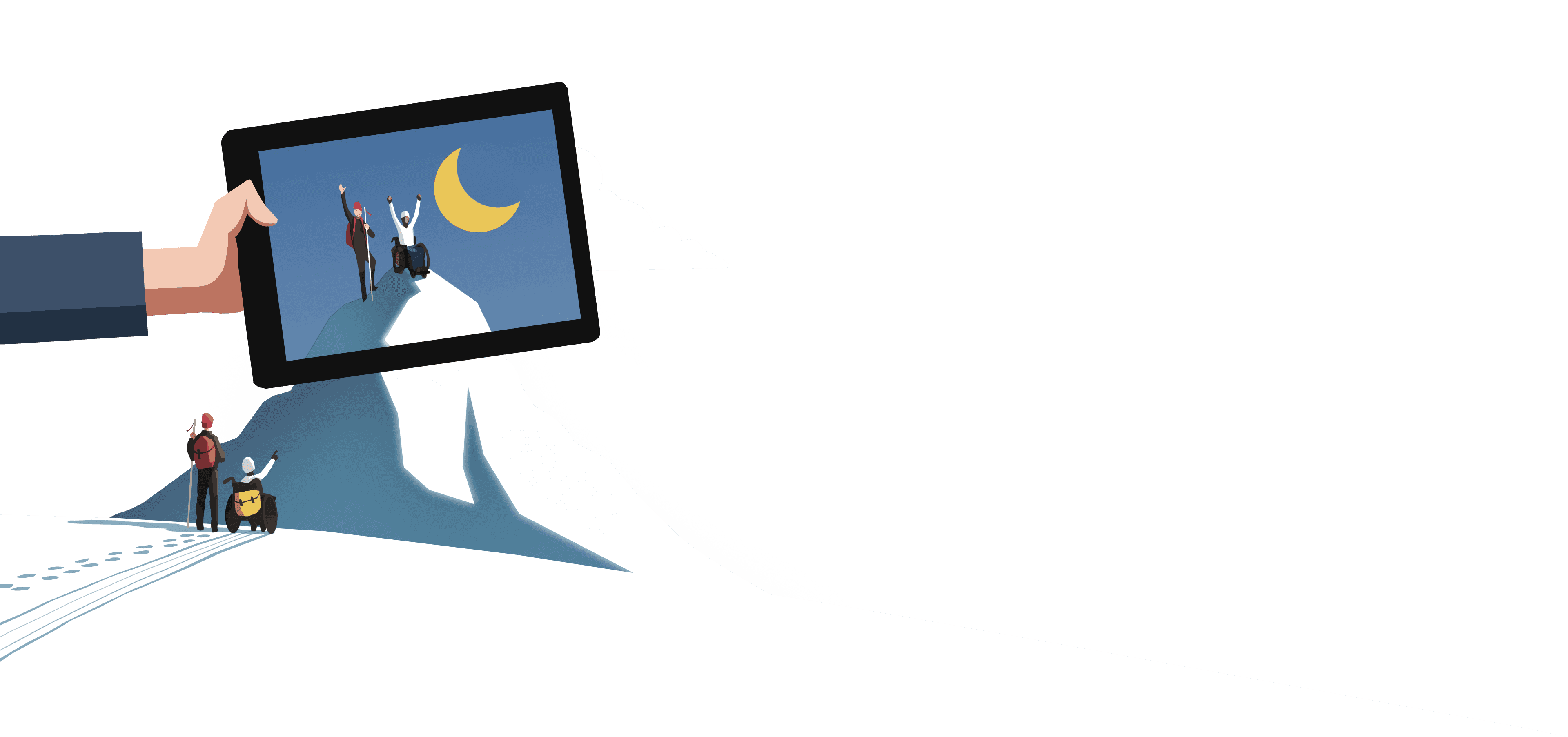 To eventyrere står respektive sitter ved foten av et fjell. Over dem holder en stor hånd et nettbrett hvor skjerm viser når eventyrerne har nådd fjelltoppen.