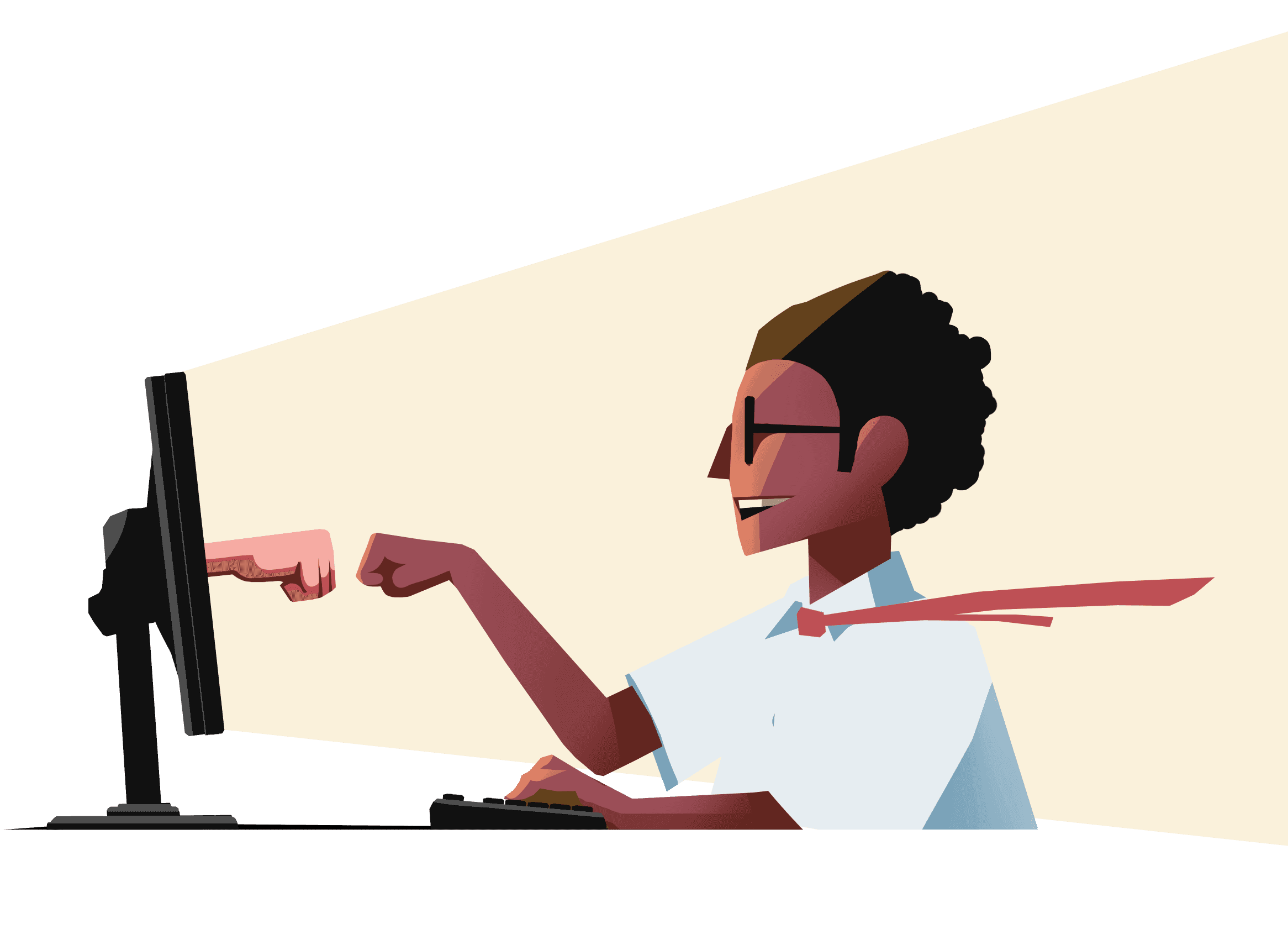 A user making a fist bump with a hand coming through his computer screen.