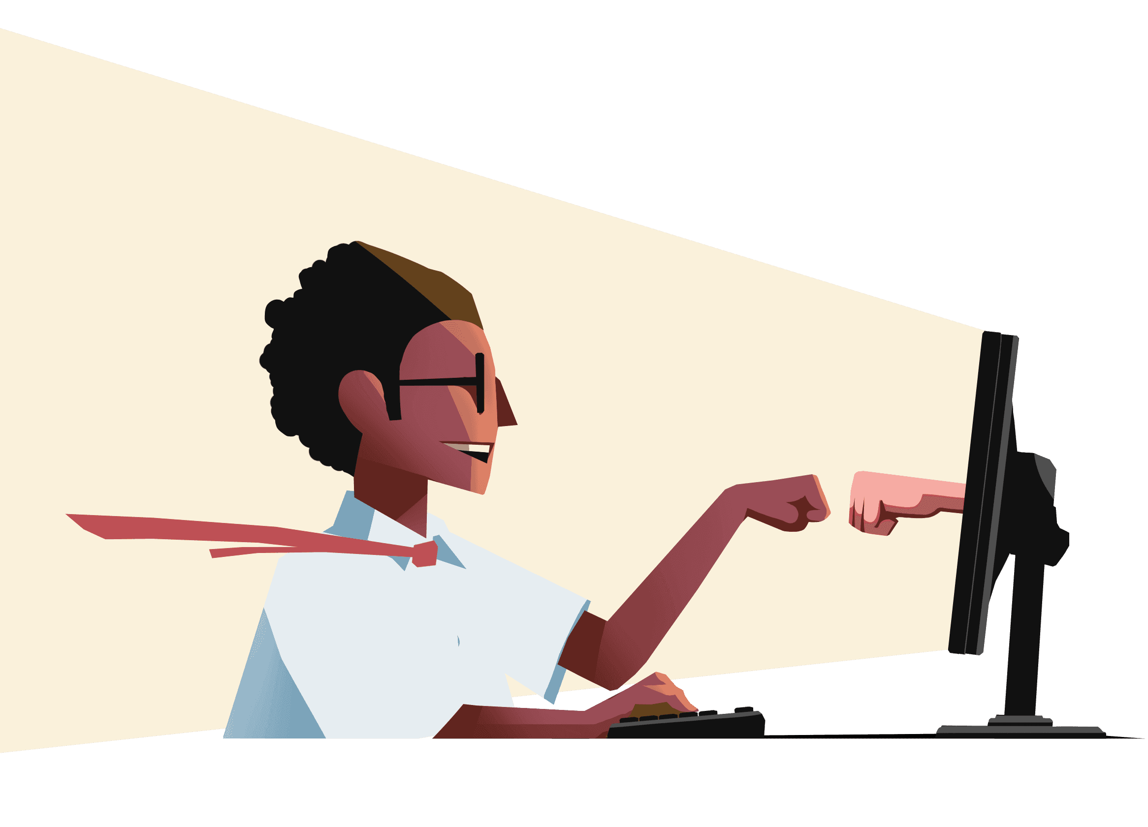 En "fist bump" genom datorskärmen, illustration.